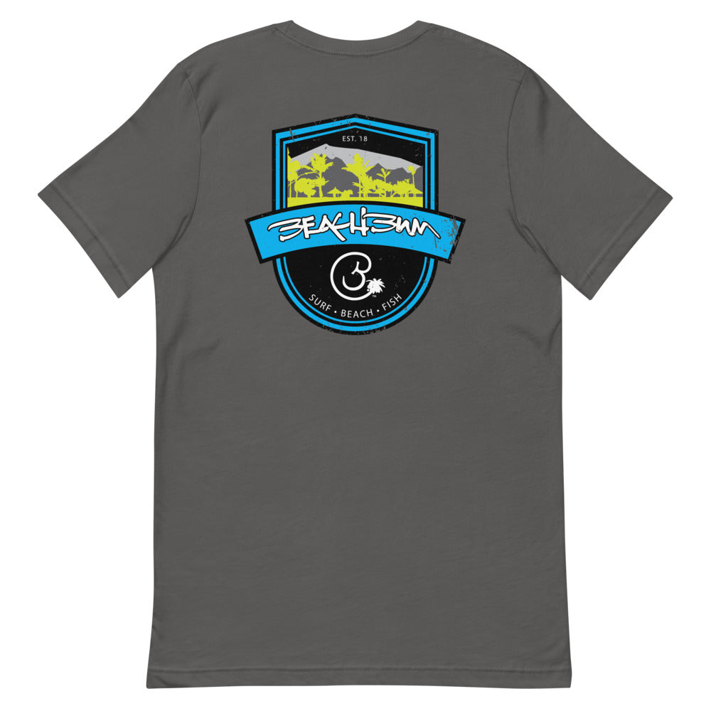 Official Beach Bum Short-Sleeve Unisex T-Shirt- Surf • Beach • Fish Shield (Art on Back)