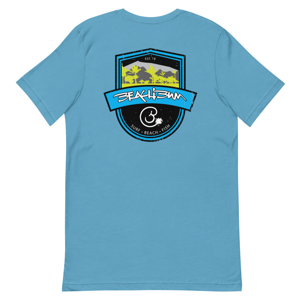 Official Beach Bum Short-Sleeve Unisex T-Shirt- Surf • Beach • Fish Shield (Art on Back)