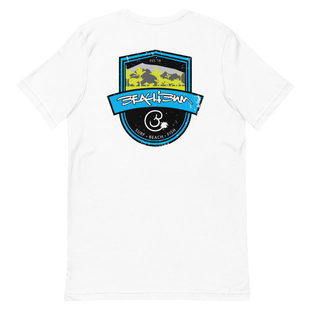 Official Beach Bum Short-Sleeve Unisex T-Shirt- Surf • Beach • Fish Shield (Art on Back)
