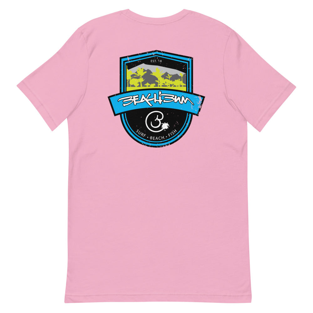 Official Beach Bum Short-Sleeve Unisex T-Shirt- Surf • Beach • Fish Shield (Art on Back)
