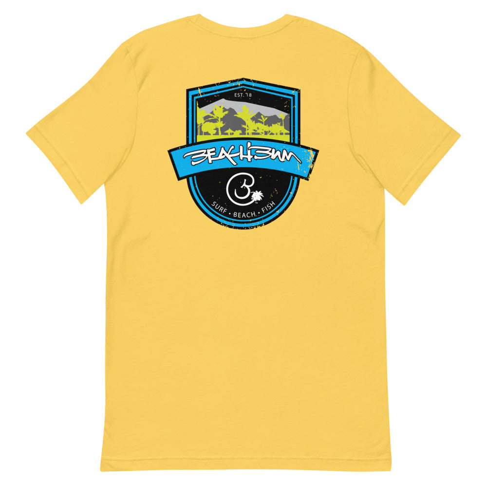 Official Beach Bum Short-Sleeve Unisex T-Shirt- Surf • Beach • Fish Shield (Art on Back)