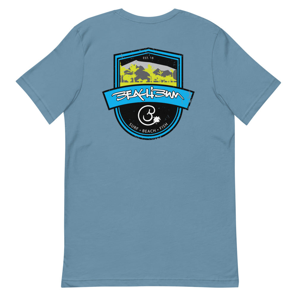 Official Beach Bum Short-Sleeve Unisex T-Shirt- Surf • Beach • Fish Shield (Art on Back)