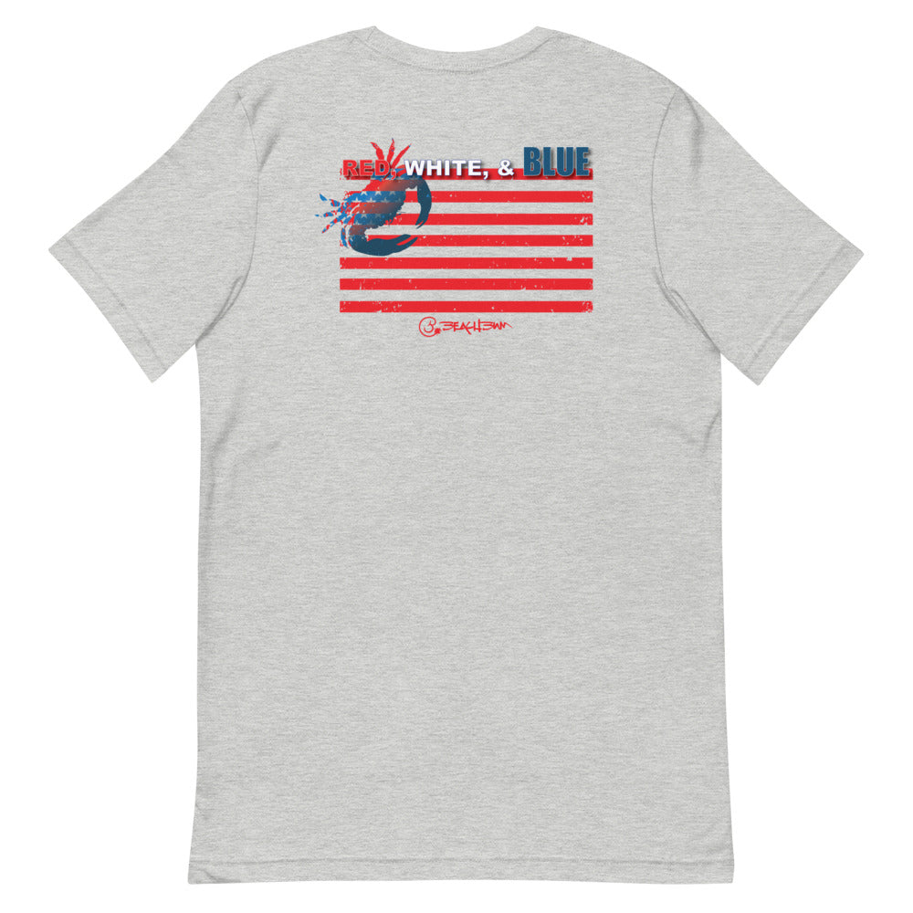 Official Beach Bum Short-Sleeve Unisex T-Shirt- Red, White, and Blue Crab (Art on Back)