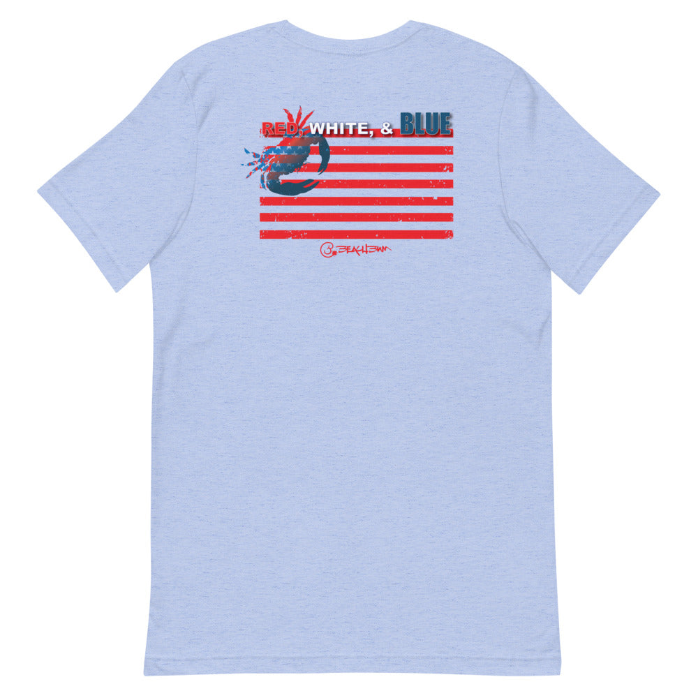 Official Beach Bum Short-Sleeve Unisex T-Shirt- Red, White, and Blue Crab (Art on Back)