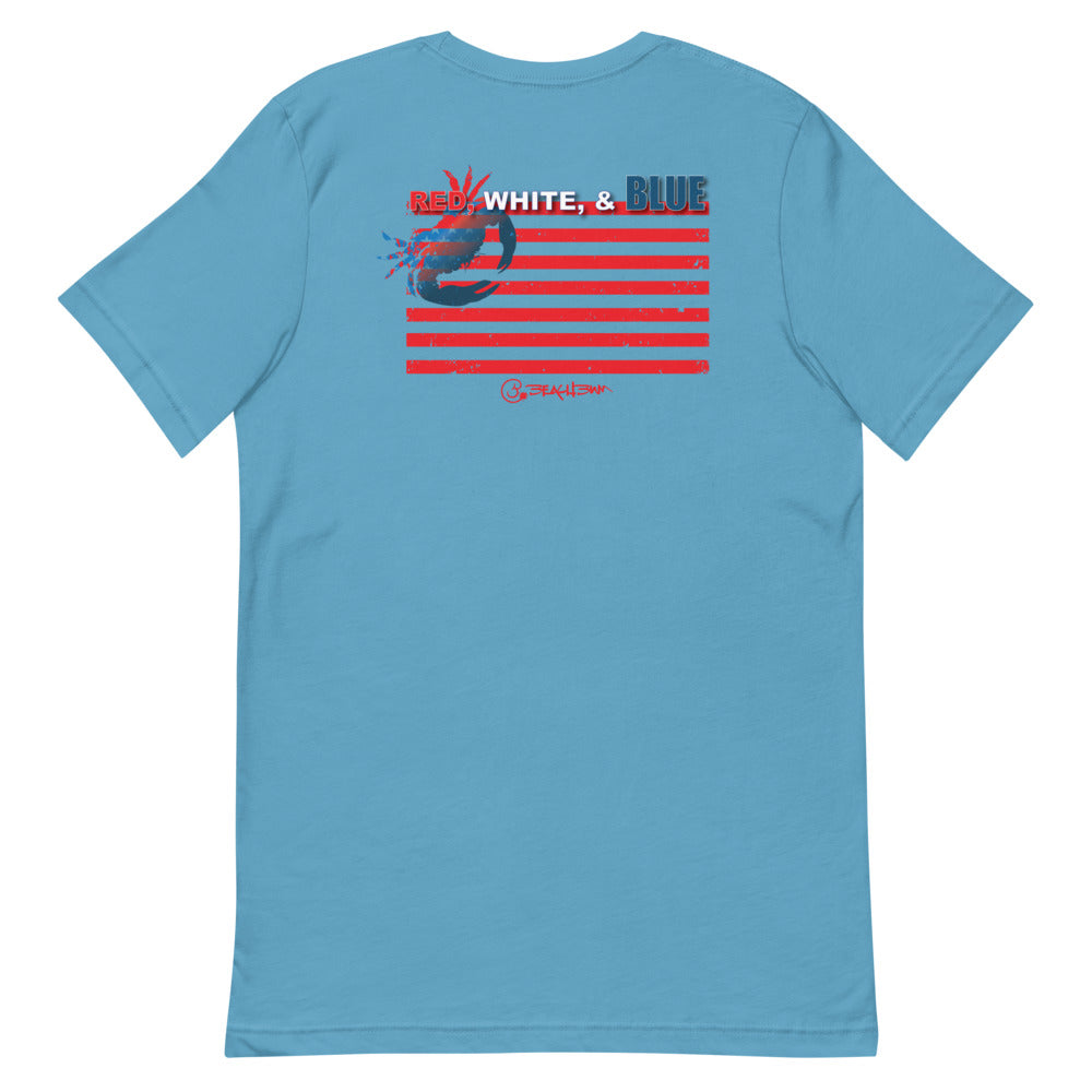 Official Beach Bum Short-Sleeve Unisex T-Shirt- Red, White, and Blue Crab (Art on Back)