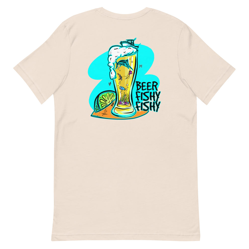 Official Beach Bum Short-Sleeve Unisex T-Shirt- Beer Fishy Fishy (Art on Back)