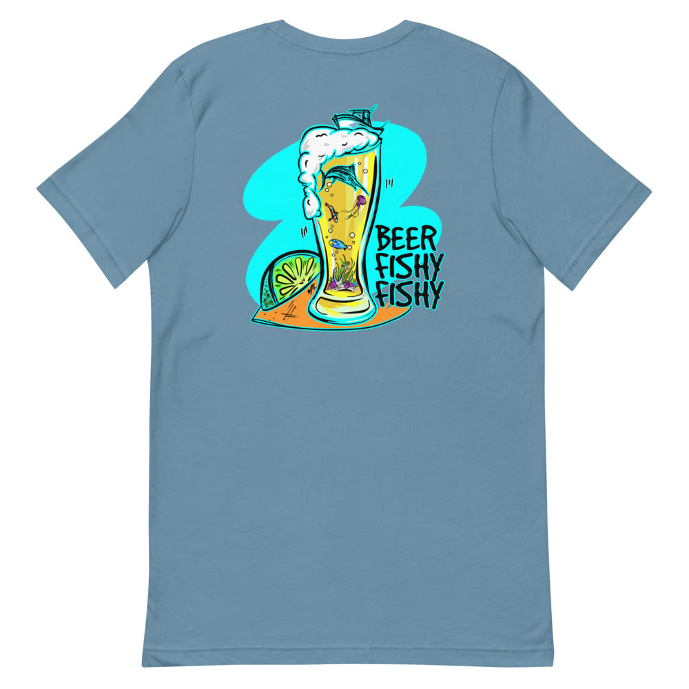 Official Beach Bum Short-Sleeve Unisex T-Shirt- Beer Fishy Fishy (Art on Back)